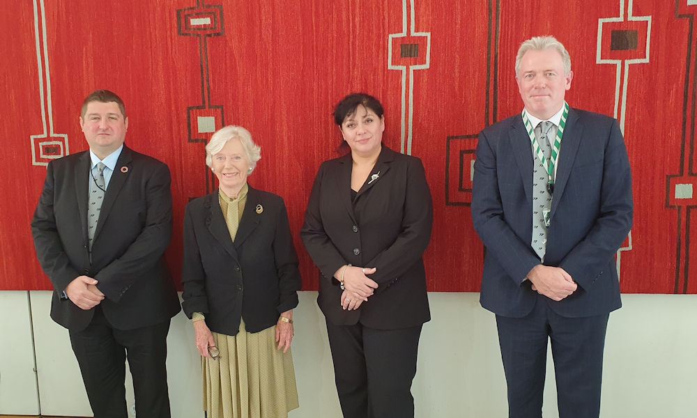 James Sunderland (r) with Baroness Hooper and Falklands MLAs Leona Roberts and Mark Pollard