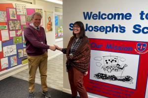 James Sunderland with Juanita Dunlop, the head teacher at St Joseph’s Catholic Primary School